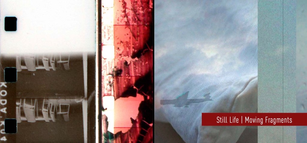 A three part image, on the left some chairs in an office, in the centre a red strip of acrylic ink, on the right a sky with a drawn aeroplane in it and the works Still life moving fragments